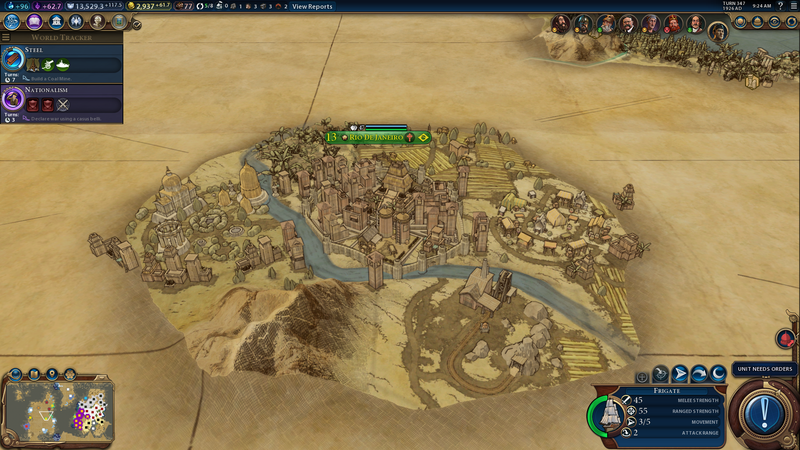 This is Civ VI’s new fog of war system, rendering everything outside your realm as an old map. It is beautiful.